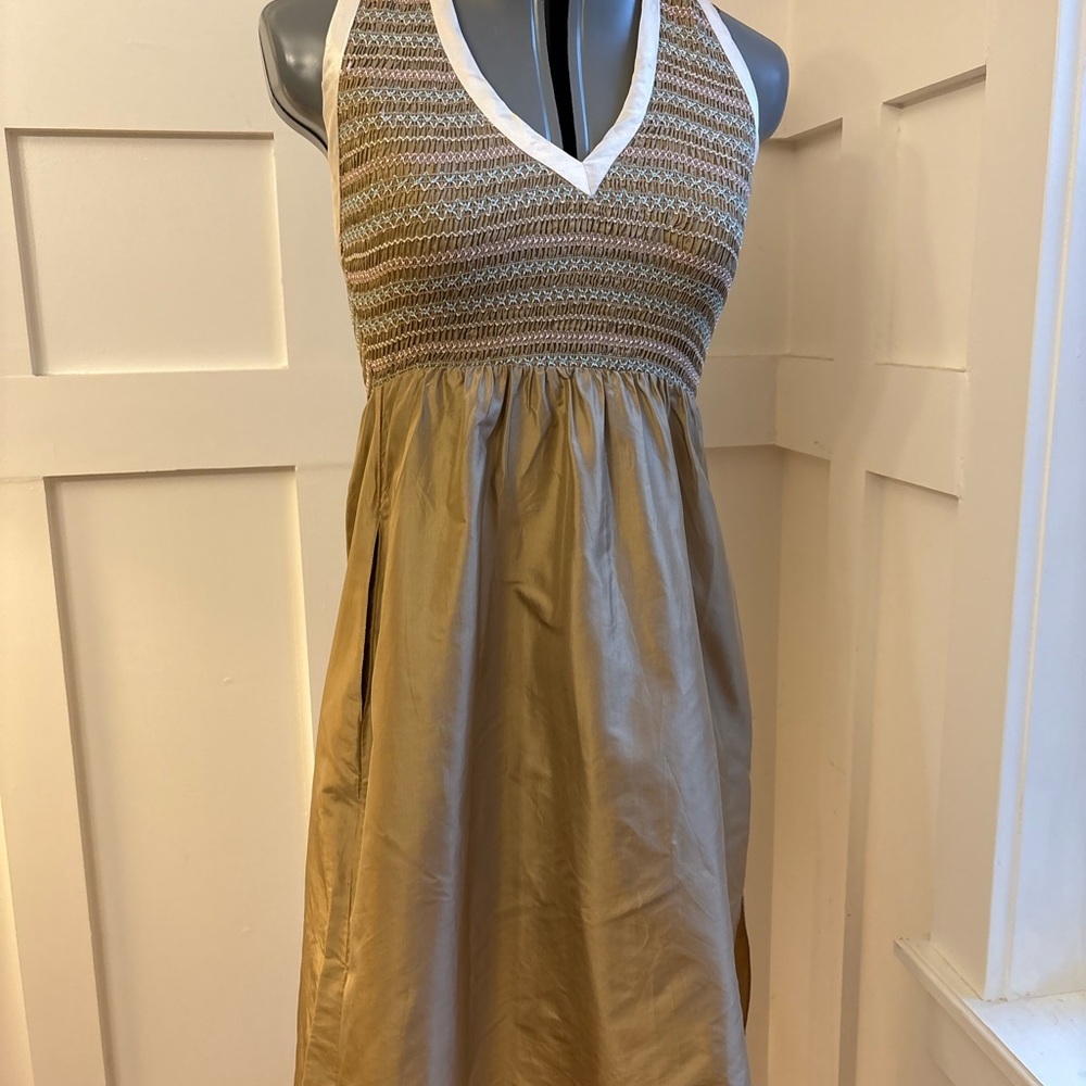 Vintage Cynthia Rowley Silk Tan and White Halter Dress Size 0 Vintage Designer - Picture 6 of 10